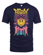 Trippy Smiley Face Lightning Graphic Tee for Vibes - navy t-shirt on white background