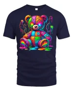 Psychedelic Rainbow Teddy Bear Graphic Tee Art Style - navy t-shirt on white background