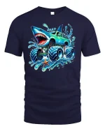 Shark Monster Truck Splash Graphic Tee for Kids - navy t-shirt on white background