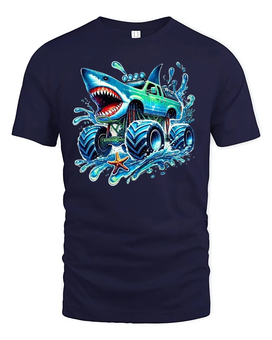 Shark Monster Truck Splash Graphic Tee for Kids - 1 Shark Monster Truck Splash Graphic Tee for Kids - navy t-shirt on white background