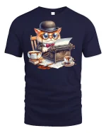 Funny Cat Writer Tee with Typewriter and Coffee Art - navy t-shirt on white background