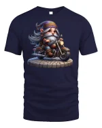 Cool Biker Gnome Tee for Motorcycle and Fantasy Fans - navy t-shirt on white background