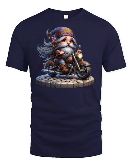 Cool Biker Gnome Tee for Motorcycle and Fantasy Fans - navy t-shirt on white background