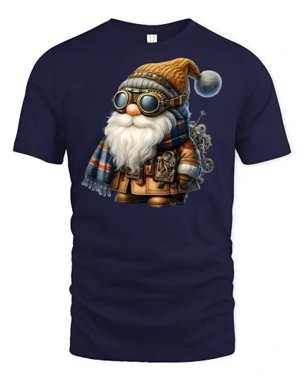 Steampunk Gnome Tee with Goggles and Gear Design - navy t-shirt on white background