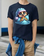 Sleepy Meerkat Pajama Graphic Tee for Bedtime Fans - model wearing navy tee with hands in pockets
