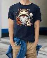 Cat Gnome Musician Graphic Tee for Cat Lovers - model wearing navy tee with hands in pockets