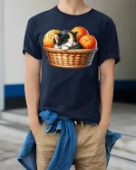 Cute Sleeping Kitten Basket Graphic Tee for Cat Fans - model wearing navy tee with hands in pockets