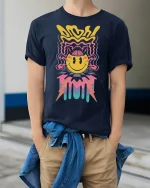 Trippy Smiley Face Lightning Graphic Tee for Vibes - model wearing navy tee with hands in pockets