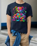 Psychedelic Rainbow Teddy Bear Graphic Tee Art Style - model wearing navy tee with hands in pockets