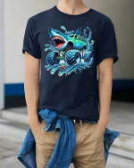 Shark Monster Truck Splash Graphic Tee for Kids - model wearing navy tee with hands in pockets