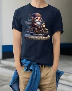 Cool Biker Gnome Tee for Motorcycle and Fantasy Fans - model wearing navy tee with hands in pockets