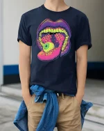 Trippy Eyeball Mouth Graphic Tee for Bold Souls - model wearing navy tee with hands in pockets