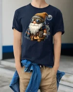 Steampunk Gnome Tee with Goggles and Gear Design - model wearing navy tee with hands in pockets