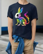 Neon Skeleton Bunny Graphic Tee for Bold Style - model wearing navy tee with hands in pockets