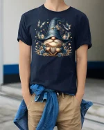 Blue Gnome Butterfly Fantasy Tee for Dreamy Souls - model wearing navy tee with hands in pockets