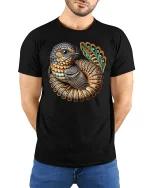 Fantasy Bird Creature Graphic Tee for Art Lovers - model wearing black tee with hands behind back