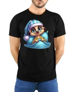 Sleepy Meerkat Pajama Graphic Tee for Bedtime Fans - model wearing black tee with hands behind back