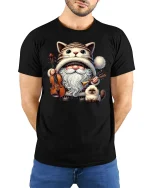 Cat Gnome Musician Graphic Tee for Cat Lovers - model wearing black tee with hands behind back