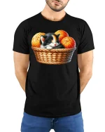 Cute Sleeping Kitten Basket Graphic Tee for Cat Fans - model wearing black tee with hands behind back