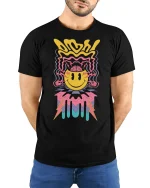 Trippy Smiley Face Lightning Graphic Tee for Vibes - model wearing black tee with hands behind back