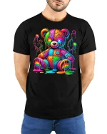 Psychedelic Rainbow Teddy Bear Graphic Tee Art Style - model wearing black tee with hands behind back