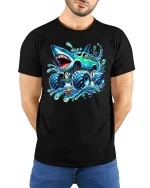 Shark Monster Truck Splash Graphic Tee for Kids - model wearing black tee with hands behind back