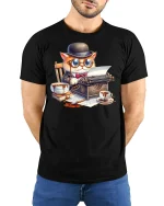Funny Cat Writer Tee with Typewriter and Coffee Art - model wearing black tee with hands behind back