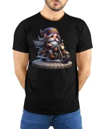 Cool Biker Gnome Tee for Motorcycle and Fantasy Fans - model wearing black tee with hands behind back