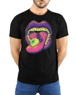 Trippy Eyeball Mouth Graphic Tee for Bold Souls - model wearing black tee with hands behind back