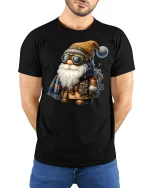 Steampunk Gnome Tee with Goggles and Gear Design - model wearing black tee with hands behind back