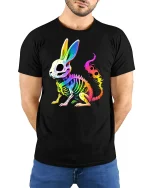 Neon Skeleton Bunny Graphic Tee for Bold Style - model wearing black tee with hands behind back