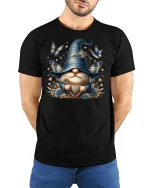 Blue Gnome Butterfly Fantasy Tee for Dreamy Souls - model wearing black tee with hands behind back