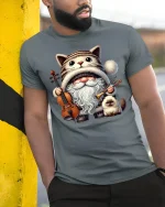 Cat Gnome Musician Graphic Tee for Cat Lovers - model wearing grey tee, leaning on column