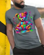 Psychedelic Rainbow Teddy Bear Graphic Tee Art Style - model wearing grey tee, leaning on column