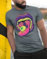 Trippy Eyeball Mouth Graphic Tee for Bold Souls - model wearing grey tee, leaning on column