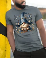 Blue Gnome Butterfly Fantasy Tee for Dreamy Souls - model wearing grey tee, leaning on column