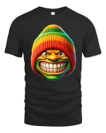 Funny Rainbow Beanie Grin Tee Bold Colorful Cartoon Tshirt - black t-shirt on white background