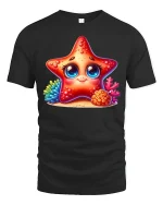 Cute Starfish Ocean Tee Adorable Coral Reef Cartoon Tshirt - black t-shirt on white background