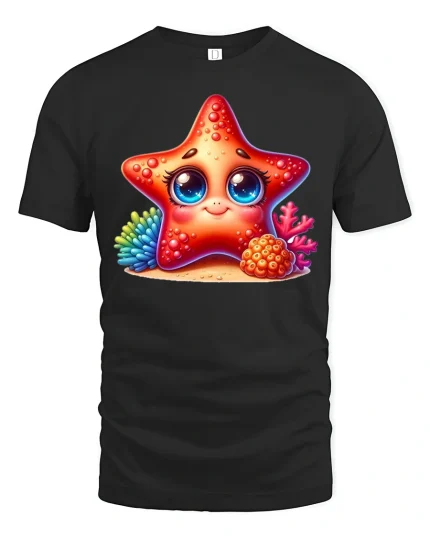 Cute Starfish Ocean Tee Adorable Coral Reef Cartoon Tshirt - black t-shirt on white background