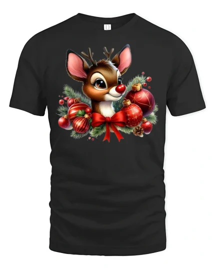 Cute Christmas Reindeer Tee Adorable Holiday Ornament Tshirt - black t-shirt on white background