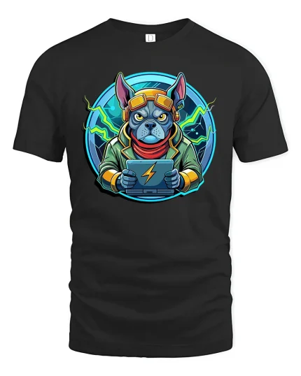Cyber Gamer Dog Tee Futuristic Bulldog Gaming Tshirt - black t-shirt on white background