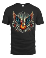 Flying Guitar Rock Tee Vintage Winged Music Tshirt - black t-shirt on white background