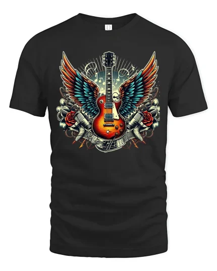 Flying Guitar Rock Tee Vintage Winged Music Tshirt - black t-shirt on white background