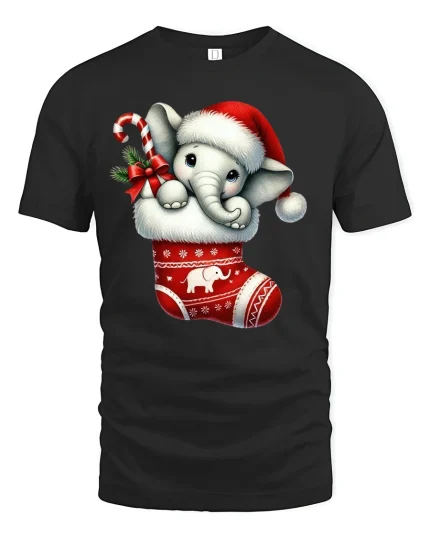 Cute Christmas Elephant Stocking Tee for Holiday Lovers - black t-shirt on white background