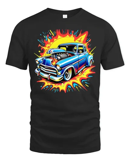 Retro Hot Rod Explosion Tee Cool Classic Muscle Car Tshirt - black t-shirt on white background