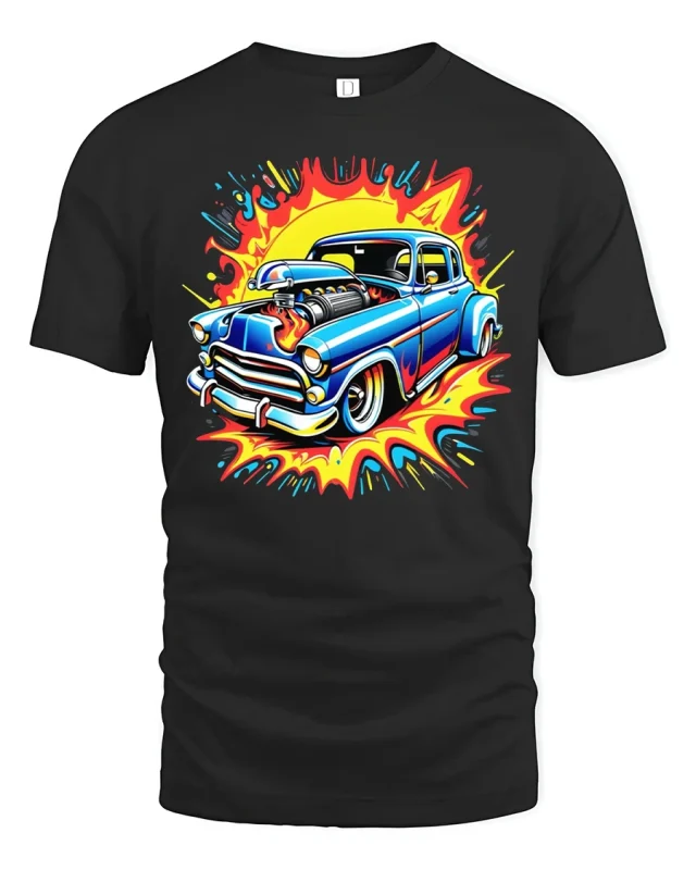 Retro Hot Rod Explosion Tee Cool Classic Muscle Car Tshirt - black t-shirt on white background