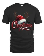 Merry Christmas Antler Hat Tee Festive Holiday Graphic Tshirt - black t-shirt on white background