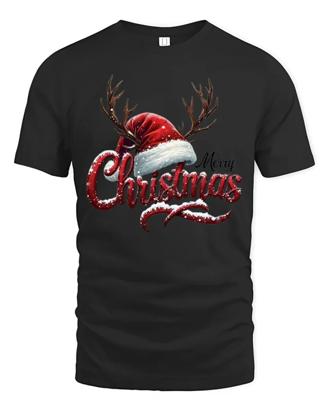 Merry Christmas Antler Hat Tee Festive Holiday Graphic Tshirt - black t-shirt on white background