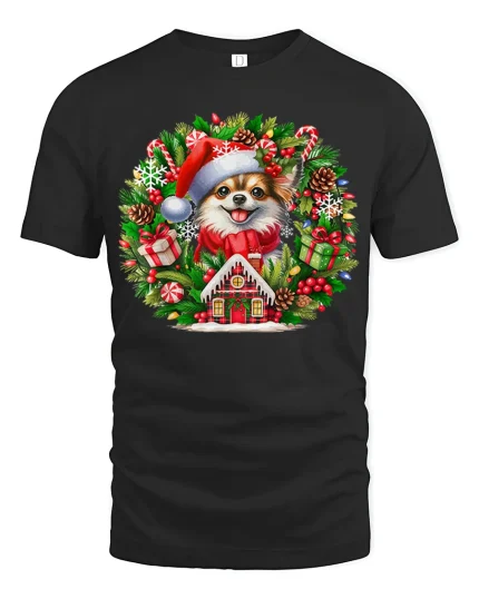 Christmas Pomeranian Wreath Tee Cute Holiday Dog Tshirt - black t-shirt on white background