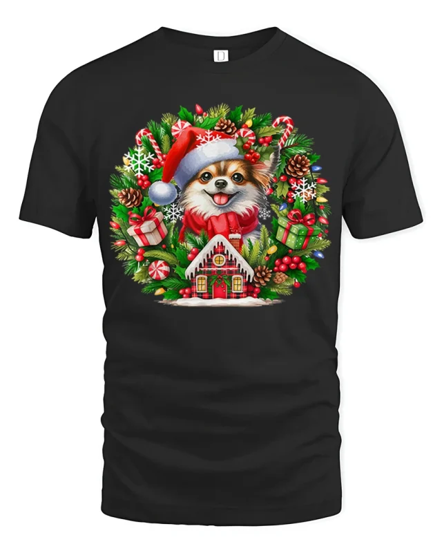 Christmas Pomeranian Wreath Tee Cute Holiday Dog Tshirt - black t-shirt on white background